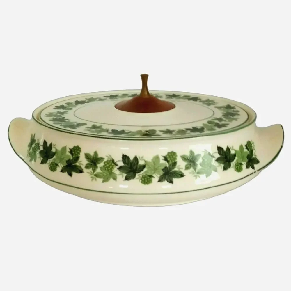 Vintage Green White Grapevine Casserole Covered Dish 60s Taylor Smith Greenbriar